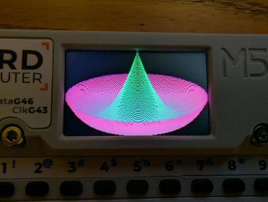 Closeup view of the color display of a card-sized microcontroller device running a graphics program. On a black baground the display shows a 3D line plot of a quadratic mathematical function with colors ranging from green to pink.