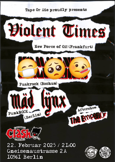 flyer 22. Februar, clash, violent times, mäd lynx, Kommando Marlies ist mit 3 kranken smilies durchgestrichen
