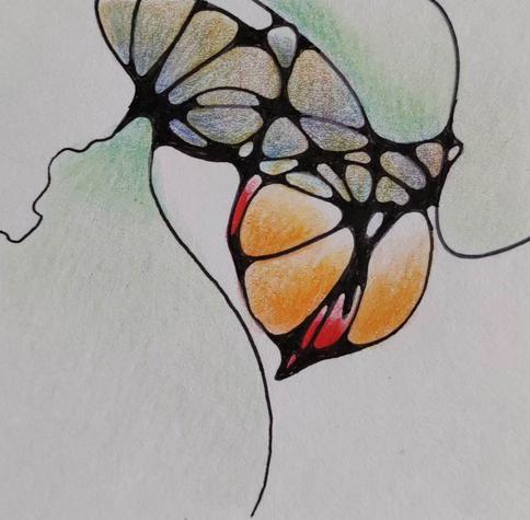 Ein Netz aus an ihren Kreuzungspunkten abgerundeten Linien, darin Farbverläufe, Buntstift. In der Mitte eine orange Kugel, rechts und links zartgrüne "Flügel".