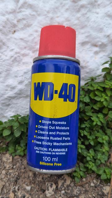 Close up of a can of WD-40, leaning against a white painted stone with some weed growing next to it