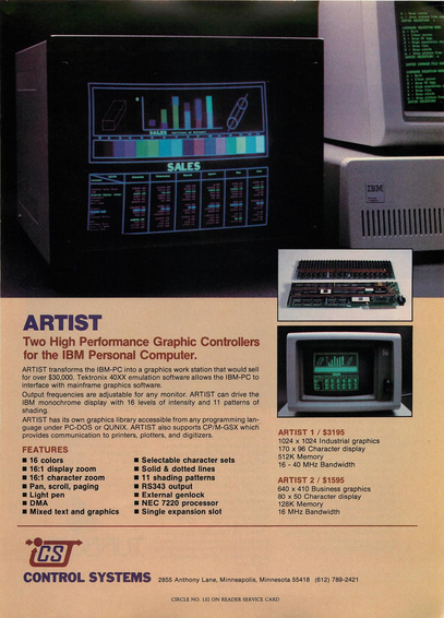 A vintage advertisement for ARTIST, two high-performance graphic controllers for the IBM Personal Computer by Control Systems. The ad features an image of a computer monitor displaying a sales graph, a close-up of the graphic controller hardware, and a smaller image of a monochrome display. The text highlights the features and specifications of the ARTIST graphic controllers, including 16 colors, 16:1 display zoom, 1:1 character zoom, light pen, mixed text and graphics, selectable character sets, solid and dotted lines, 11 shading patterns, RS343 output, external genlock, NEC 7220 processor, and single expansion slot. The ARTIST 1 model is priced at $3195 and offers 1024 x 1024 industrial graphics, 170 x 96 character display, 512K memory, and 16-40 MHz bandwidth. The ARTIST 2 model is priced at $1595 and offers 640 x 410 business graphics, 80 x 50 character display, 128K memory, and 16 MHz bandwidth