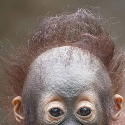 Rothaariges Orang-Utan-Baby lutscht am Mittelfinger der linken Hand.