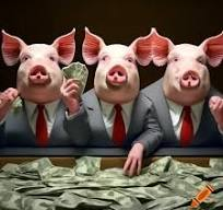 pigs in suits and ties holding up hands full of money from a trough full of dollar bills in front of them