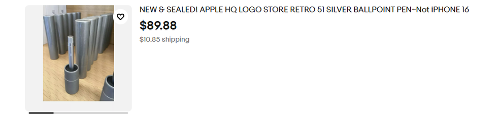 Screenshot of an eBay item, which is a vintage Apple-branded pen, with an auction title of "NEW & SEALED! APPLE HQ LOGO STORE RETRO 51 SILVER BALLPOINT PEN~Not iPHONE 16"