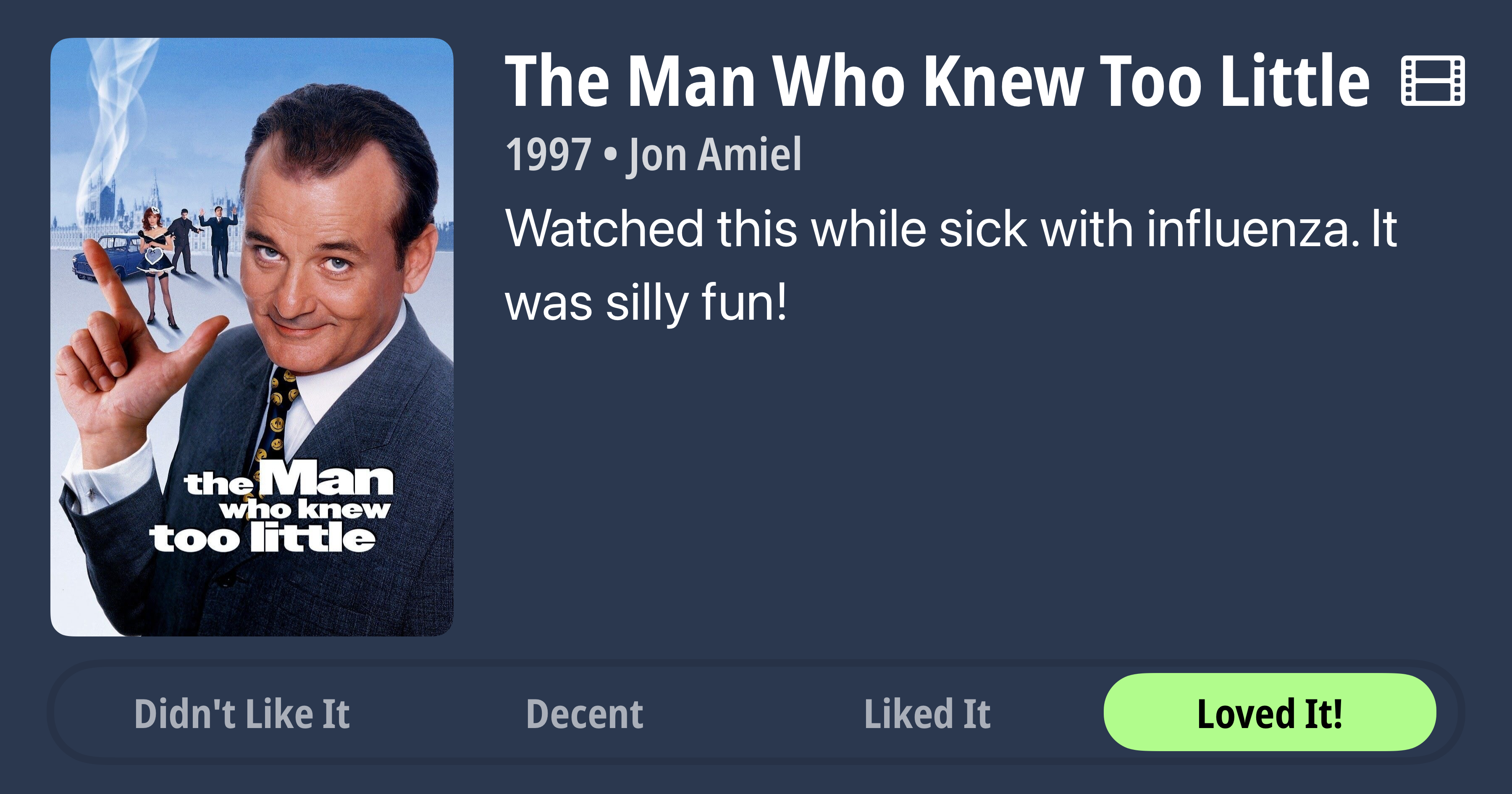 A review for the film The Man Who Knew Too Little (1997) directed by Jon Amiel and starring Bill Murray. “Watched this while sick with influenza. It was silly fun! Loved It!”