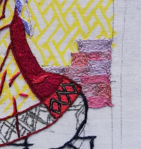 Close up of the embroidery of Aethelflaed. The wall behind her has been reinstated with closer tones. I think that when the grass and the horse's tail are in, and the gold behind, it will work better than the previous version.