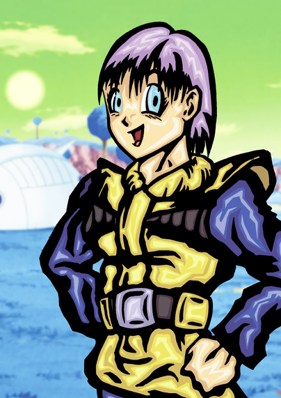 Bulma in her Namek outfit. It's the Namek planet in the background, with it's typically green sky and round trees