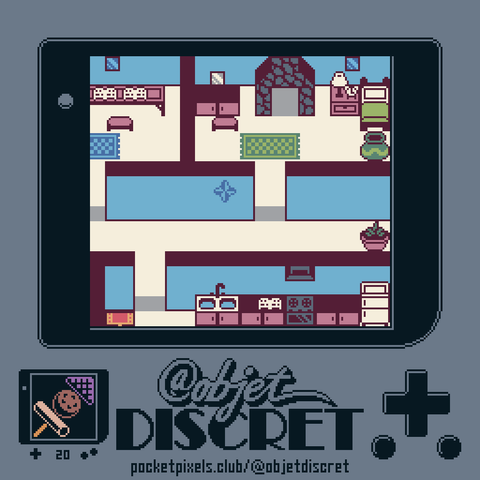 a screenshot of a pixel art game showing the interior of a house with a hallway, kitchen, and bedroom with a fireplace; there is also a pixel art illustration of an oden skewer.