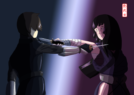 Kudoshi and Ayu pointing eachother with their tanto (japanese straight dagger)
