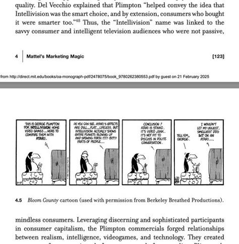 screenshot from a PDF of a book about intellivision. the text about George Plimpton's ads is interupted by a Bloom County comic strip from era, mocking the ads