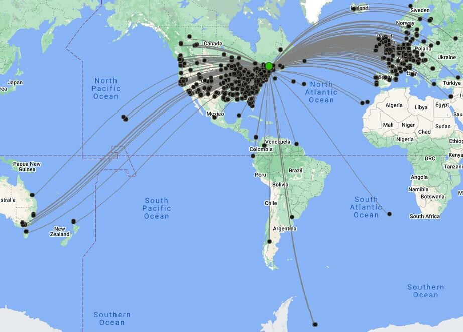 A world map displaying all the locations of the received WSPR transmissions