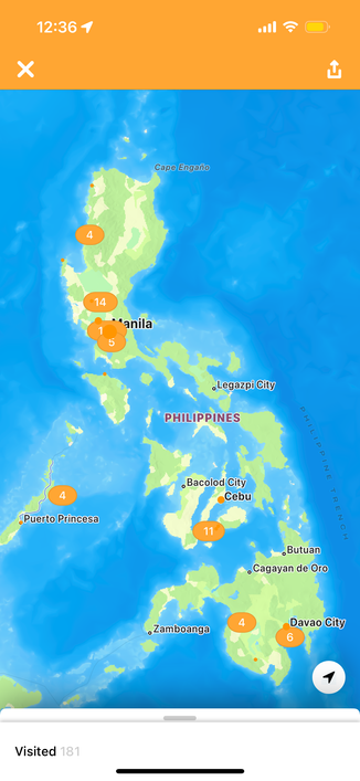 Map of the Philippines with check in tags all the way from Mindanao, Visayas and Luzon