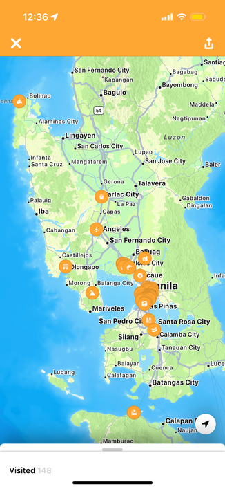 Map of the Luzon with check in tags mostly located around Manila but a bit outside too