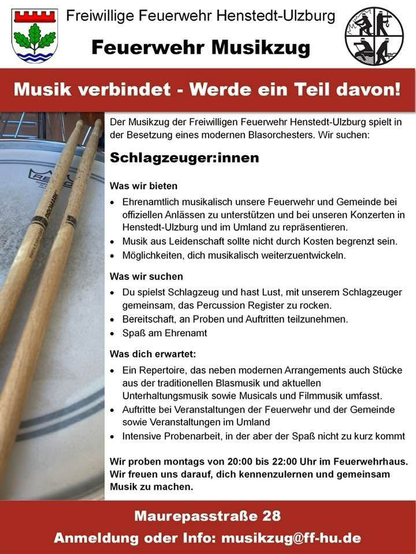 Eine Stellenausschreibung für einen weiteren Schlagzeuger für den Musikzug