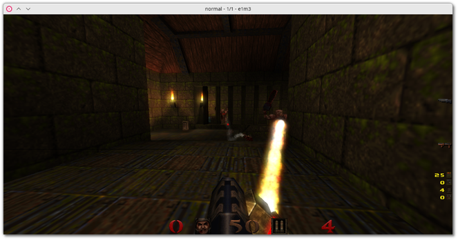 🕶️ An FPS view with the HUD at the bottom of the screen (displaying, among other things, the number of remaining ammunition, weapons and health) and the player's weapon - which is located on a platform overlooking a room where another player is standing. Next to him is a crate of medicine, while below, next to the other player, is a weapon waiting to be picked up and more crates of medicine. The room has 2 airlocks leading to what seems to be teleporters (black starry background). Special feature: the player at the bottom seems to speak via a comic bubble.

📚️ Quake 1 is a FPS (1996) in which the player is the ultimate survivor of a commando sent to a military base where researchers have developed a prototype of teleportation that has been corrupted by Quake, a demon who tries to use it to invade the Earth with his hordes of monsters. ezQuake is a libre and multi-platform QuakeWorld client (multiplayer-focused Quake 1 in arenas, with optimization of its online communication). It brings in particular an improvement of the graphics (multi-monitor support, particles & water effects, rocket & grenade trails, fog, ...), of the competitive game (color of the teams, advanced weapon handling, teamplay messages, ...), of customization (HUD, crosshair, textures of the world, ...), an independent physics, an integrated server browser, the support of QuakeTV (replay from different points of view, ...), ...