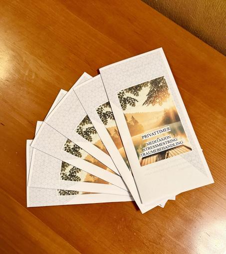 A photograph of several brochures fanned out on a wooden surface. The brochures have a white cover with a subtle geometric pattern in the background. The front cover features an image of a peaceful natural landscape with trees and a wooden dock extending into a calm body of water. The text on the cover, written in Norwegian, reads: “PRIVATTIMER MEDITASJON STRESSMESTRING TRAUMEBEHANDLING,” which translates to “Private Sessions Meditation Stress Management Trauma Treatment.” The brochures appear professionally designed and neatly arranged.