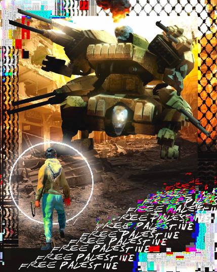 A lone fighter with a slingshot, wearing a keffiyeh, faces down the imperial genocide machine of the Israeli Occupation Forces.  Full color version.