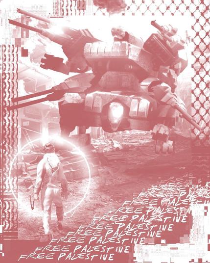 A lone fighter with a slingshot, wearing a keffiyeh, faces down the imperial genocide machine of the Israeli Occupation Forces. Pink gradient version.