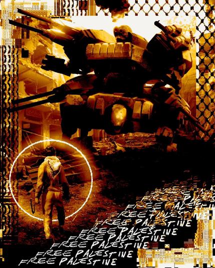 A lone fighter with a slingshot, wearing a keffiyeh, faces down the imperial genocide machine of the Israeli Occupation Forces. Yellow gradient version.
