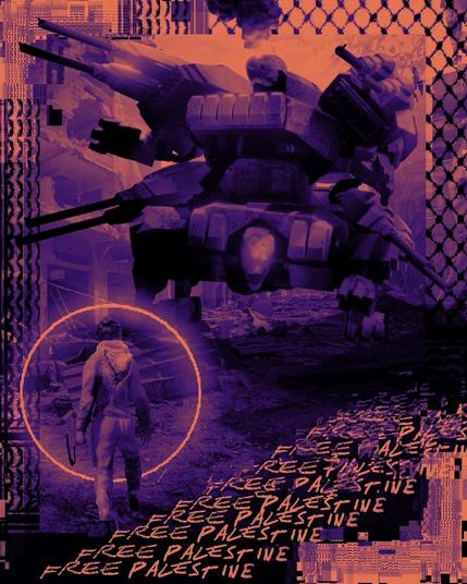 A lone fighter with a slingshot, wearing a keffiyeh, faces down the imperial genocide machine of the Israeli Occupation Forces. Mauve gradient version.