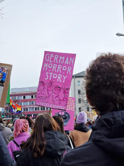 Bild einer Demo, viele Demonstrant:innen und ein pinkes Plakat mit der Aufschrift: "American Horror Story, Whydel und Schmerz" und einer Karikatur von Alice Weidel und Friedrich Merz