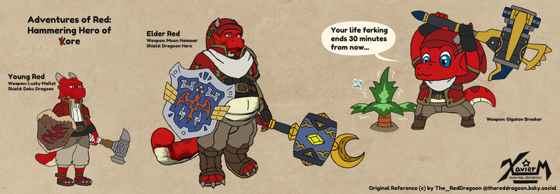 Mock up of Young and Elder Red sporting specific gear, and Chibi Red threatening to end a Business Scrub if he sold him ONE MORE FARKIN SKULLTUAL TOKEN!!!