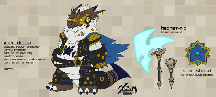 Adult Champion form of Rockin Guilmon, Rollin Growlmon! Wielding his McField Brand Hatchet Mic and Blue Digizoid Star Shield, he's ready for a good Rumble n' Tumble!