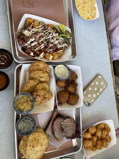 Some brisket and various deep fried things, and a buttery biscuit.