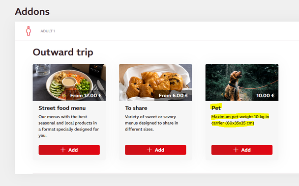 Screenshot von der Iryo-Buchungsseite. Neben einem "Street Food Menu" und einer "To Share"-Snack-Option wird als Reiseoption auch der Punkt "Pet" mit "Maximum pet weight 10 kg in carrier (60x35x35 cm)" angeboten.