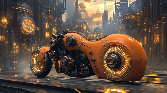 Monture Steampunk
Illustration d’une moto steampunk au design rétro-futuriste, ornée de détails mécaniques complexes, posée dans un décor urbain illuminé d’une lueur dorée.
Illustration of a steampunk motorcycle with a retro-futuristic design, adorned with intricate mechanical details, set in an urban environment glowing with golden light.