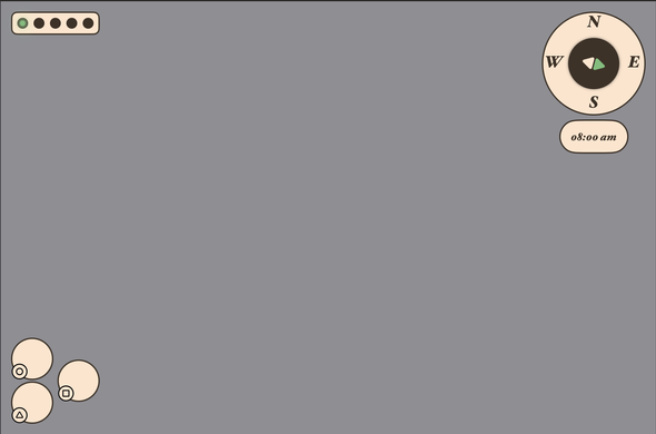 Heads up display mockup for game with a compass, magic charges, and action buttons.