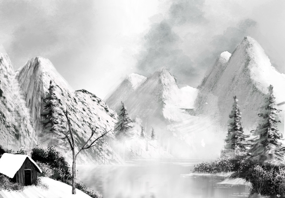 A monochromatic digital painting of a serene winter landscape features towering, snow-covered mountains in the background, partially shrouded in mist. A calm lake reflects the mountains and sky, enhancing the tranquil atmosphere. In the foreground, a small wooden cabin with a snow-covered roof sits nestled among evergreen trees and bushes. A leafless tree stands nearby, its bare branches reaching toward the sky. Dark clouds hover above the peaks, adding depth and drama to the composition. The brushwork gives the scene a soft, painterly texture, evoking a peaceful, remote wilderness.