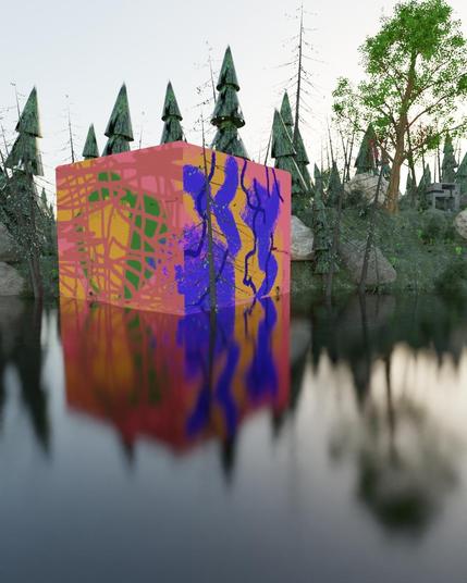 3d rendering from virtual world, big painted cube at the beach