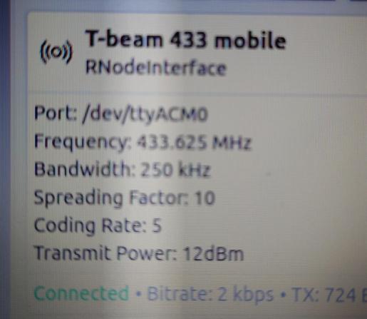 rnode settings for 433.625 MHz
250 kHz bandwidth
Spreading factor 10
coding rate 5
power 12 dBm