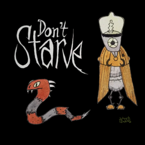 Watercolor & ink drawing of the title of Don't Starve, with a bemused red & grey snake slithering under it & a Clockwork Bishop from the video game Don't Starve. A Clockwork Bishop is an automaton with an orange robe, 2 orange round feet on the ends of spindly legs, a big round gem eye instead of a face, & a light bulb shaped like the top of a chess bishop sticking out of the top of its head. The background is black.