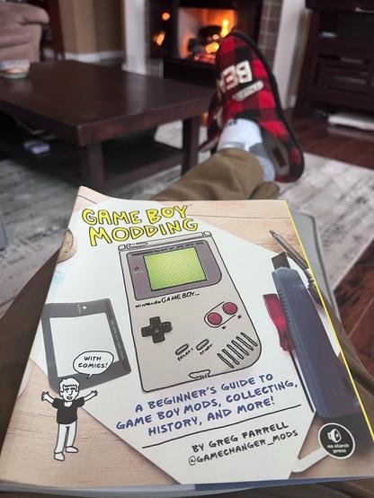 GameBoy Modding book cartoon illustrated in front of a nice fireplace and cozy