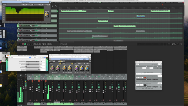 a screenshot of the software version of a recording studio's mixing desk, called a DAW or digital audio workstation. It displays several tracks of instrumentation.