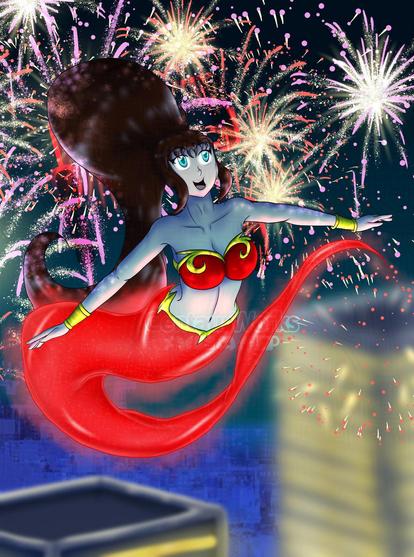 Asra (Genie with a Red Tail and a large Brunette ponytail) flying above the city landscape as fireworks go off around her. Looking happy as she goes freely through the air.