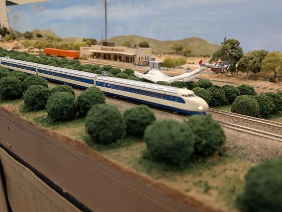A Japanese Shinkansen passing through an orange grove