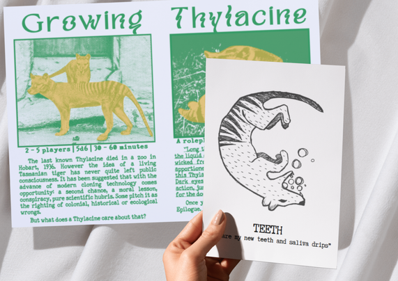 A mockup of a roleplaying game pamphlet. Tasmanian tigers, striped marsupials, feature prominently.