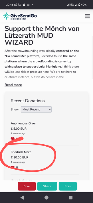 Screenshot einer Spende über 10€ an dem Mönch von Lützerath von einem Nutzer mit dem Namen Friedrich Merz