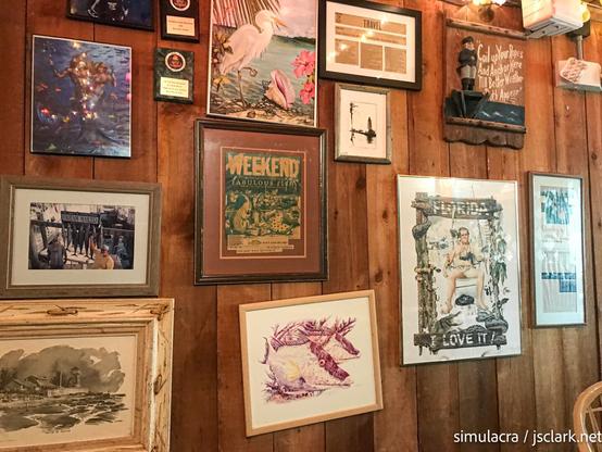 Whimsical signs (related to seafood, Florida, the Keys) on the wall of The Fish House, Key Largo.