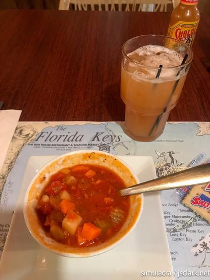 Rum punch and conch chowder at The Fish House, Key Largo.