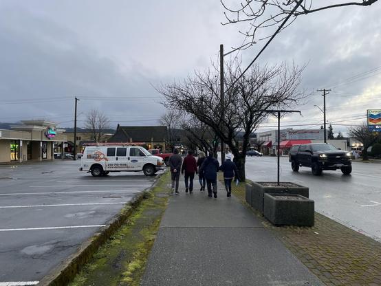 ―
A medium outdoor shot captures a group of people walking on a sidewalk next to a street. The sidewalk is paved and has raised concrete planters with trees spaced along it. A line of trees with bare branches overhangs the sidewalk. To the left, there is a parking lot with a white van parked. The van has a logo and contact information on its side. In the background, there are commercial buildings and a Chevron gas station sign. A black pickup truck is driving on the street, and the sky is overcast and gray.
―