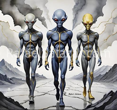Three alien beings with muscular physiques, red eyes, and futuristic gold-trimmed bodysuits walking forward against a cracked, stormy landscape by artist Rafael Salazar at RafaelSalazar.com