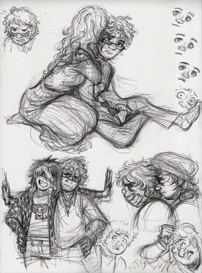 a sketch page featuring two fraternal twins, Simon and Sam (30, he/him - Sam is built like a beanpole, Simon is rounder). in the top image, Sam sits on the floor with a thousand-yard stare while his mother (facing away) enfolds him in her arms from behind. Sam's blank expression is drawn again, repeating down the right-hand side of the page, followed by a much rougher drawing of the same features in a state of unambiguous terror. below this, Sam stands next to his teenage self, in full scene regalia, his tight curly hair flat-ironed and his clothing form-fitting. their poses mirror one another, and their heads tilt at the same angle next to one another. to the right, his brother Simon covers the mouth of his younger self, staring ahead in silent vigil, his face nestled into the back of his own wavy locks.