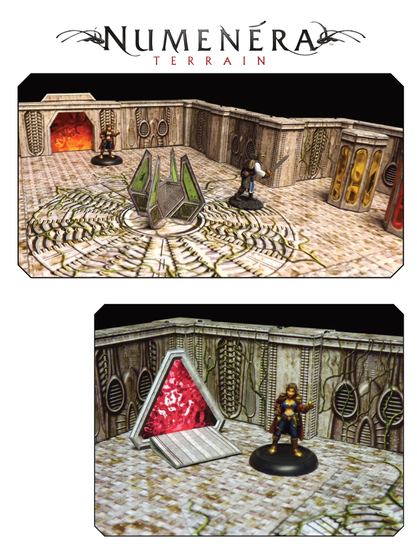 Two views of paper scenery for Numenera. Sci-fi walls and floors. Mysterious power devices, and a portal, all in paper.