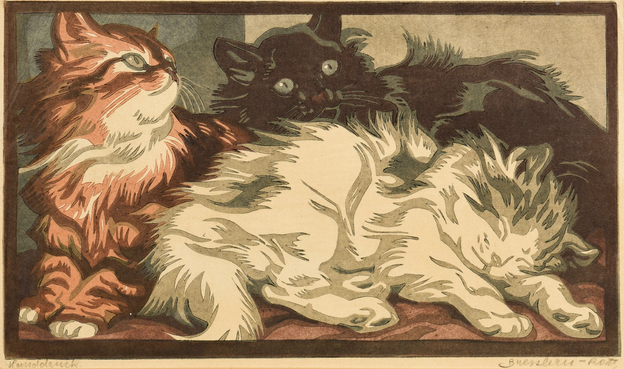 “linocut depicting three kittens. A grey and white kitten sleeps in the foreground with an orange kitten and a black kitten behind. Signed "Bresslern-Roth" in pencil, lower right under image and "Hauldrick" in pencil, lower left under image.”