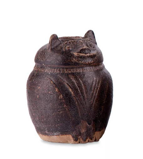 official museum photo of the object on white background Lime pot, in the form of a smiling cat (in sitting up position) stoneware, brown-black glaze