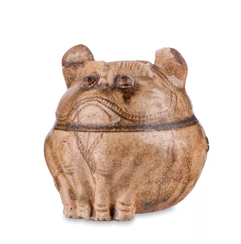 official museum photo of the object on white background Lime pot, in the form of a frowning cat (in sitting up position) stoneware, clear glaze (base color light brown)